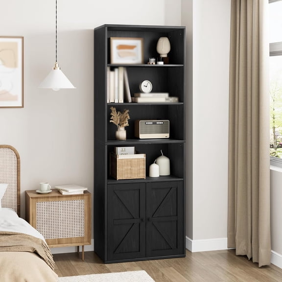 WALYWIK 71.4 Inch Tall Industrial Bookcase, Freestanding Bookcase with Doors, Farmhouse Bookshelf, 6 Shelf Display Storage Shelves for Home Office, Living Room, Bedroom, Black