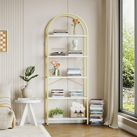 WALYWIK 71" Tall Bookshelf Arched Bookcase, Industrial Curved Metal Frame Book Shelves, Modern Freestanding Open Display Shelving Unit, Storage Rack for Living Room Home Office, Gold+White