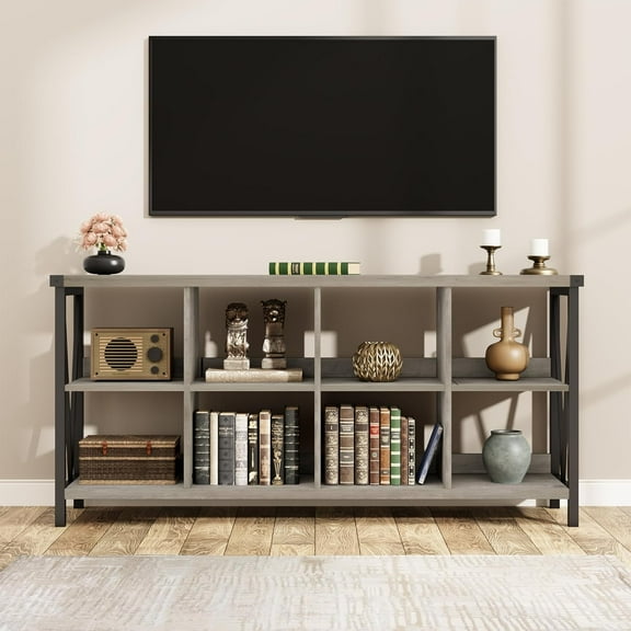 WALYWIK 8 Cube Storage Organizer Bookshelf, 3 Tier Metal Horizontal Bookcase, 62 Inch Console Bookshelfs, Industrial Storage Bookcase for Entryway, Long Low Book Shelf for Living Room-Grey