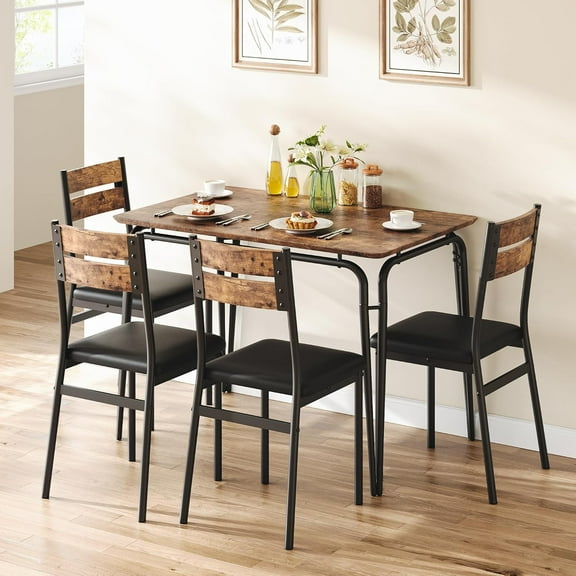 WALYWIK Dining Table Set for 4, Farmhouse Kitchen Table and Chairs, 5 Piece Kitchen Dining Room Table Set,Wood Modern Rectangle Dinner Table With Upholstered Seat,Industrial Dinette Furniture Design