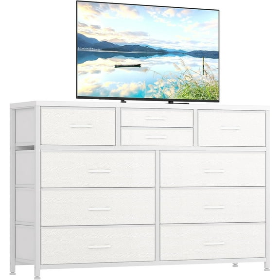 WALYWIK Dresser TV Stand, 10 Drawer Dresser for Bedroom with Power Outlet, Chest of Drawers, Fabric Dresser for Storage and Organization, White