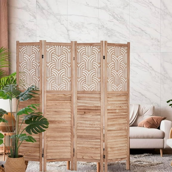 WALYWIK Elegant 4 Panel Wooden Room Dividers – 67-Inch Tall Folding Portable Partition Privacy Screen – Ideal for Bedroom, Home Office, and Restaurant