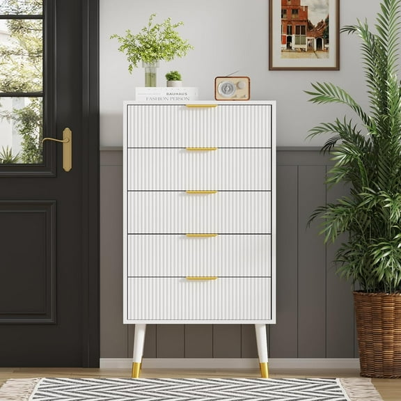 WALYWIK Fluted 5 Drawer Dresser – Tall White Dresser with Gold Metal Handles – Small Storage Chest Cabinet Organizer for Bedroom, Living Room, Hallway, and Entryway
