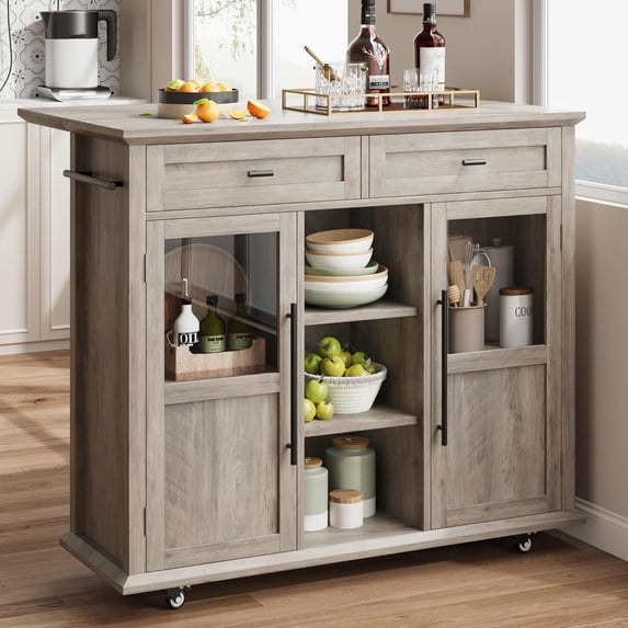 WALYWIK Foldable Kitchen Island Cart with Wheels, 2 Glass Doors, Spice Rack & Towel Holder – Compact Mobile Storage Cart for Small Kitchens, Dining Rooms, Camping & RVs - Grey