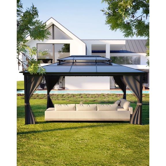 WALYWIK Hardtop Gazebo 10FT*13FT, Double Polycarbonate Roof, Aluminum Frame, Netting and Curtains, Permanently Built Backyard, Lawn and Garden, Grey