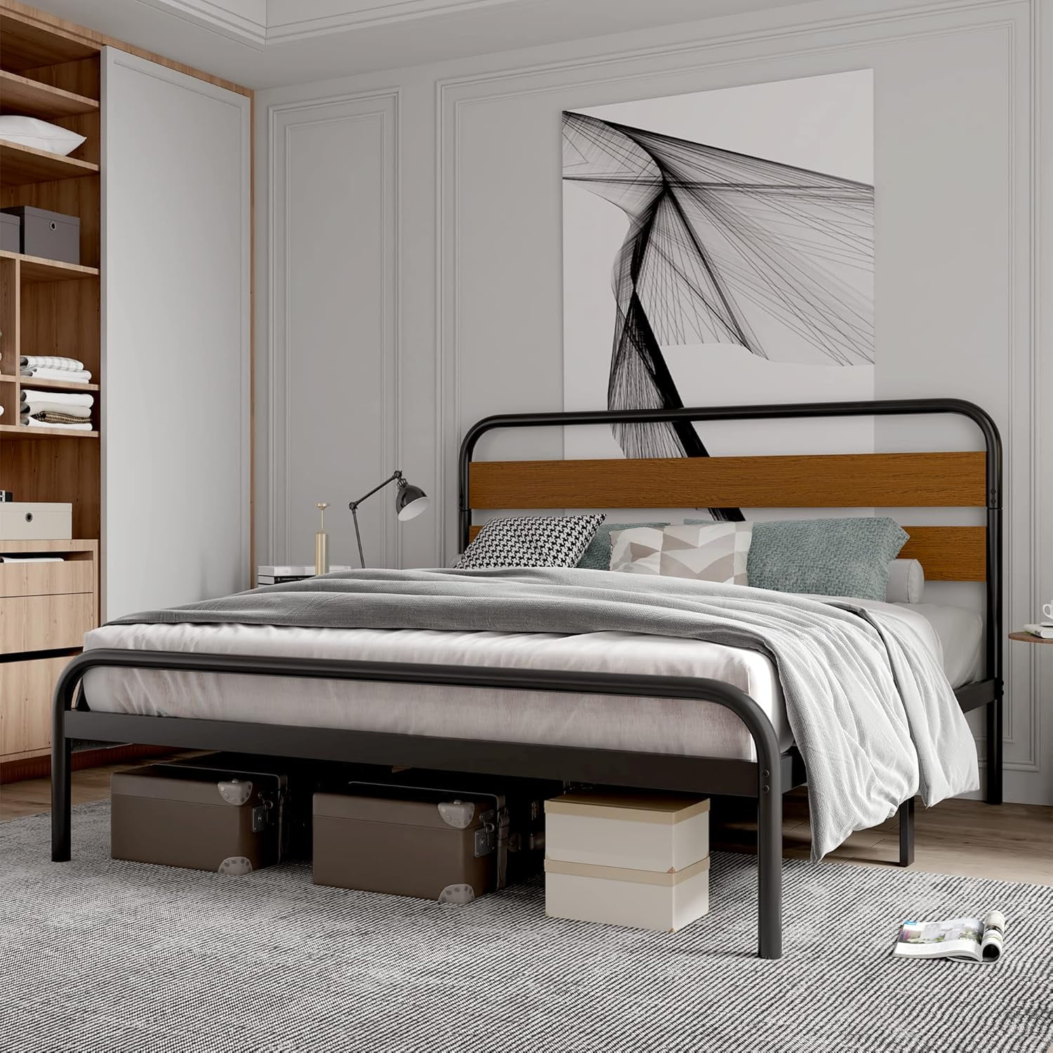 WALYWIK King Size Bed Frame, Heavy Duty Platform Frame with Wooden Headboard and Under-Bed Storage, Noise Free Design Mattress Foundation, Easy Assembly, Sandalwood Brown