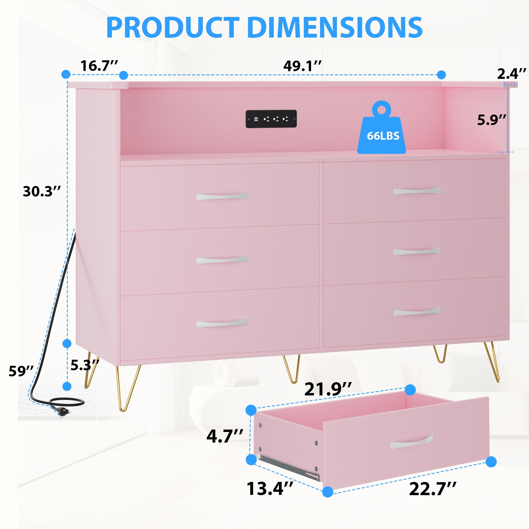 Garvee Pink Dresser with Power Outlet & LED Lights - Large Storage ...