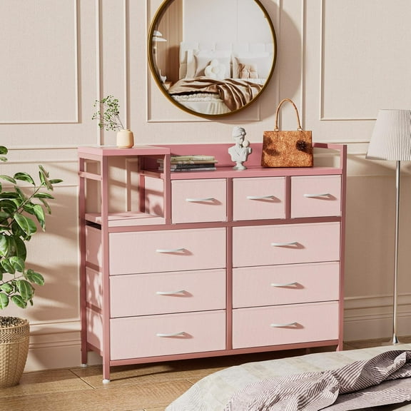 WALYWIK Pink TV Stand with Charging Station,Wide TV Stand with Open Shelf,Bedroom Dresser for Living Room TV Stand with 9 Drawers,9 Large Storage Drawers for Living Room