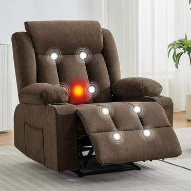 WALYWIK Recliner Chair – Manual Reclining Sofa with Massage and Heat – Comfy Overstuffed Rocking Chair with Side Pockets and Cup Holder, Brown