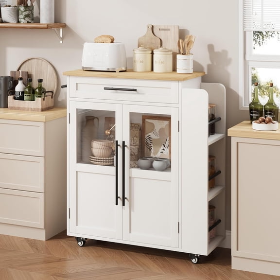 WALYWIK Rolling Wooden Kitchen Island with Drawer, Kitchen Cart with Storage Cabinet on Wheels, Thicker Wooden Top Portable Trolley Island with 3 Spice Rack for Kitchen, Dining Room, White
