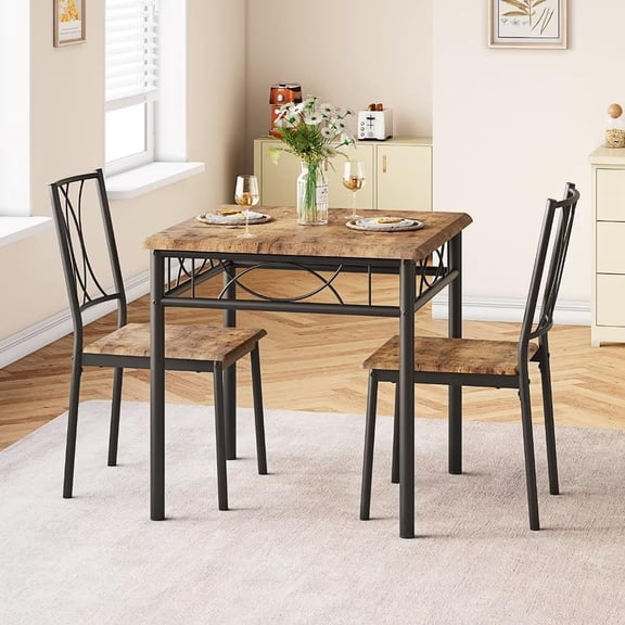 WALYWIK Square Dining Table Set for 2 - Rustic Brown Breakfast Nook Kitchen Table with 2 Chairs, Vintage color_MDF seat