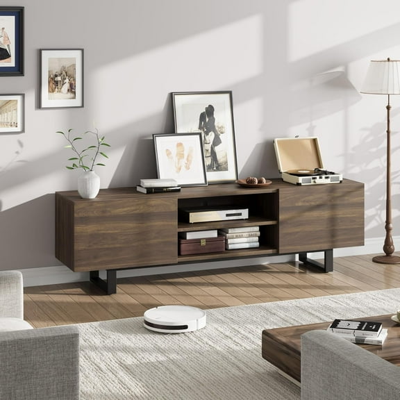 WALYWIK TV Stand for 80 Inch TV – Modern Entertainment Center with 2 Drawers – Wooden Media Cabinet with Heavy Duty Legs and Open Storage for Living Room, Brown