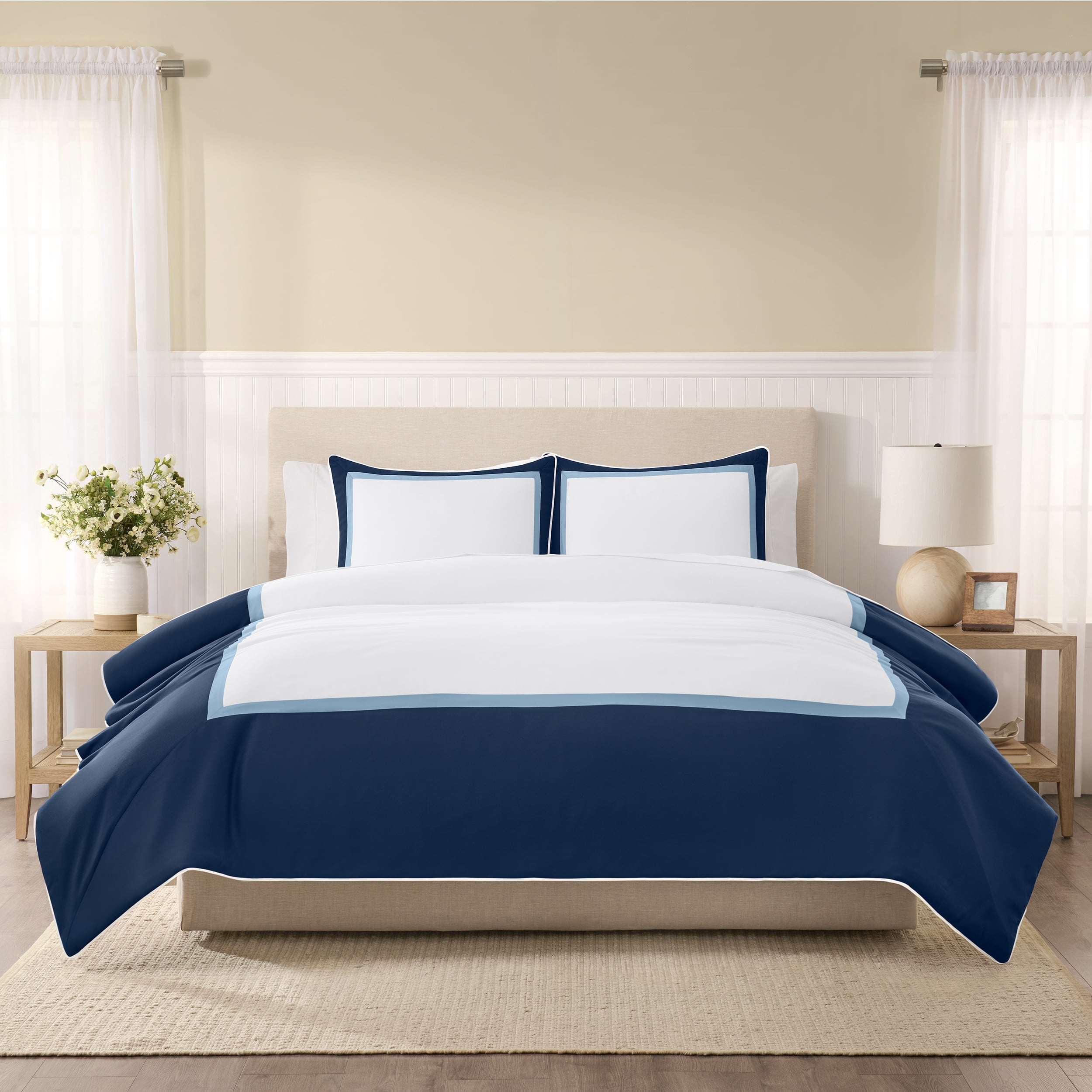 Wamsutta 1846 Cotton Tencel 3-Piece Titan Blue Henley Border Comforter Set, King