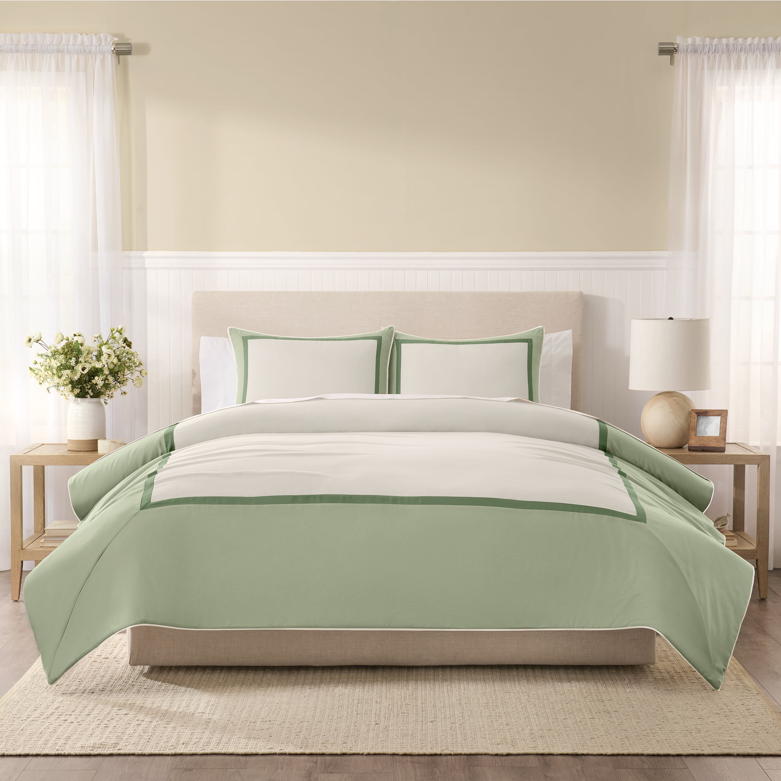 Wamsutta 1846 Cotton Tencel 3-Piece Desert Sage Henley Border Comforter Set, Full/Queen