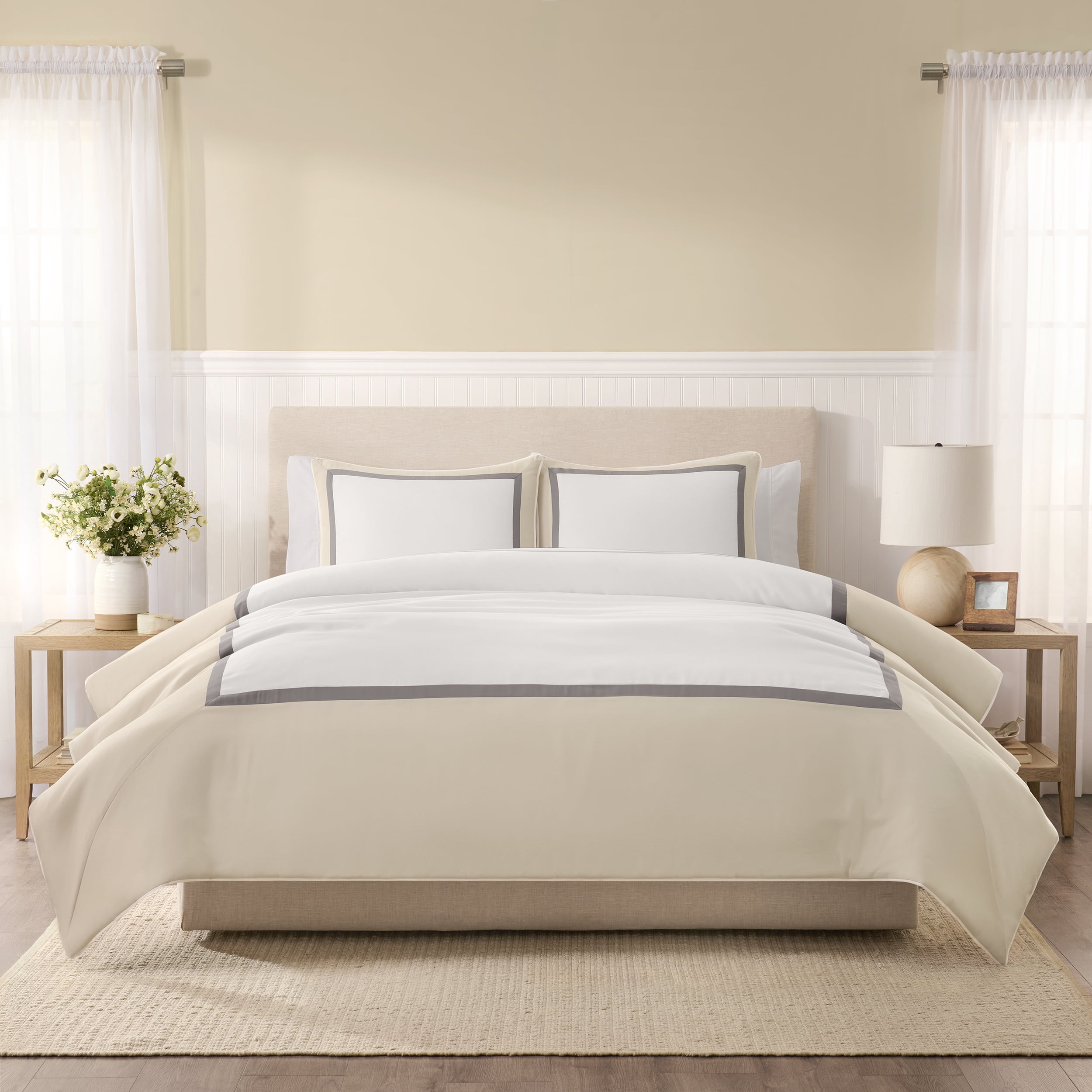 Wamsutta 1846 Cotton Tencel 3-Piece Oatmeal Henley Border Comforter Set, Full/Queen