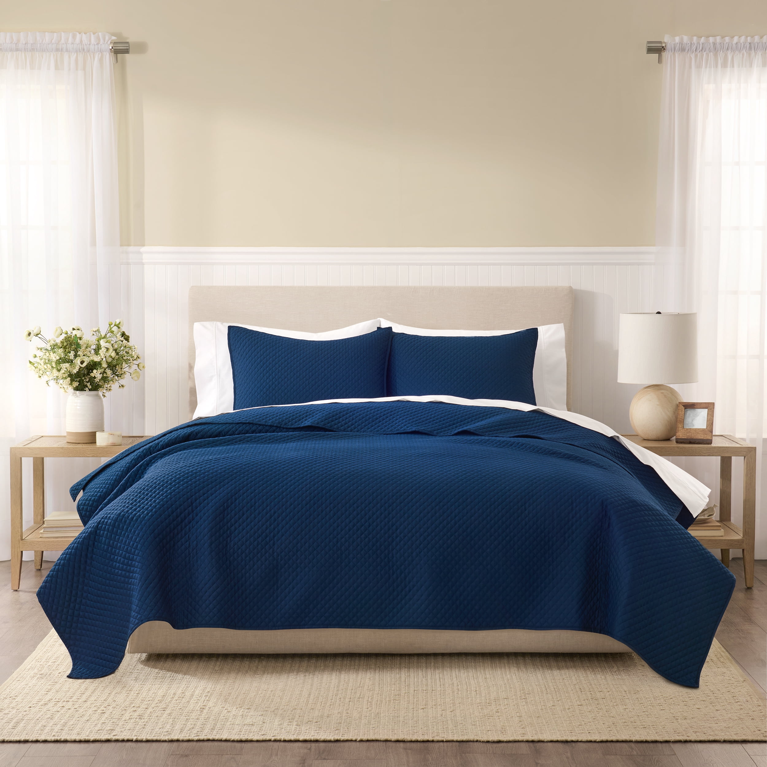 Wamsutta 1846 Cotton Tencel 3-Piece Titan Blue Diamond Stitch Quilt Set, Full/Queen
