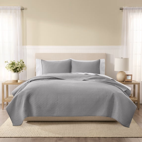 Wamsutta 1846 Cotton Tencel 3-Piece Gray Flannel Diamond Stitch Quilt Set, King
