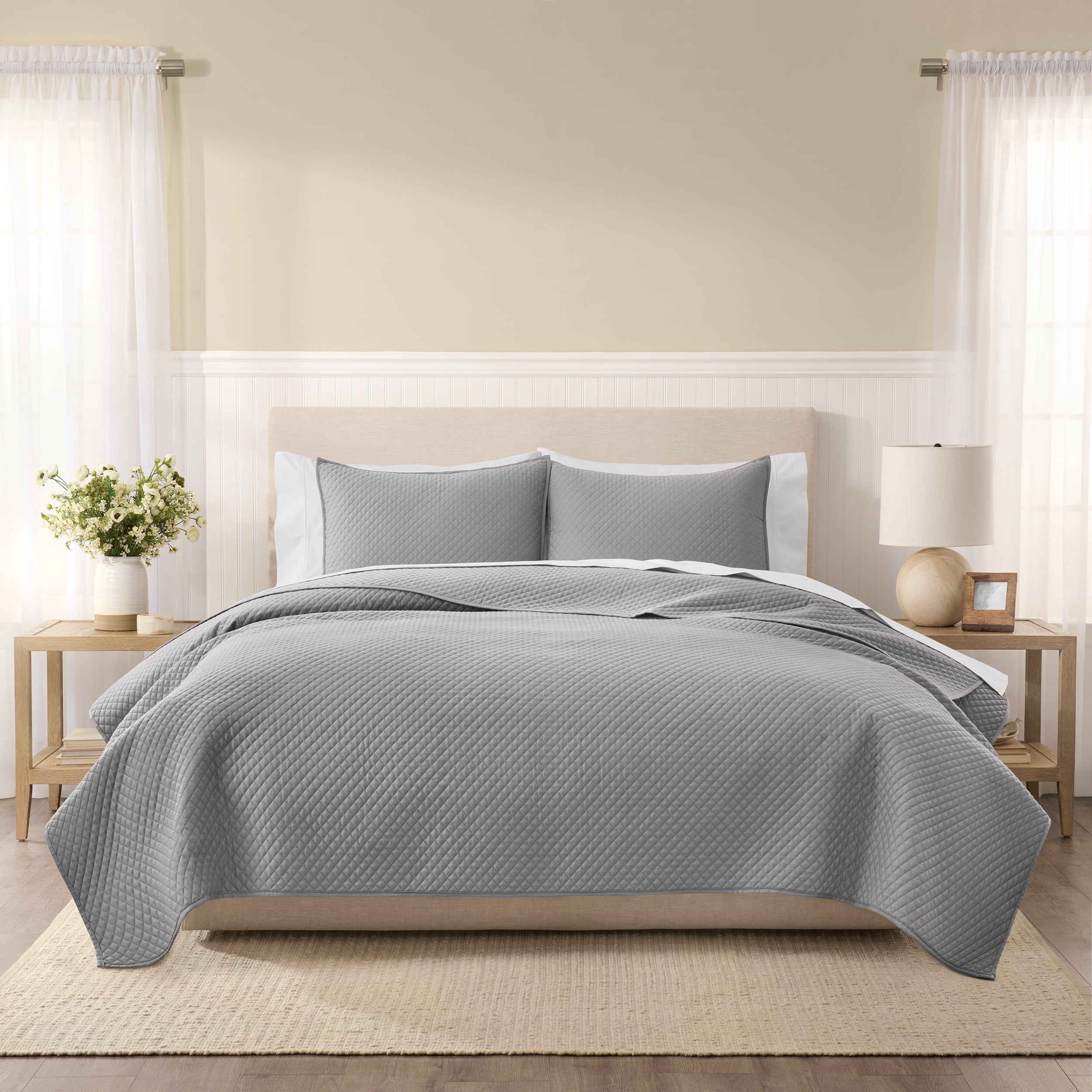 Wamsutta 1846 Cotton Tencel 3-Piece Gray Flannel Diamond Stitch Quilt Set, Full/Queen