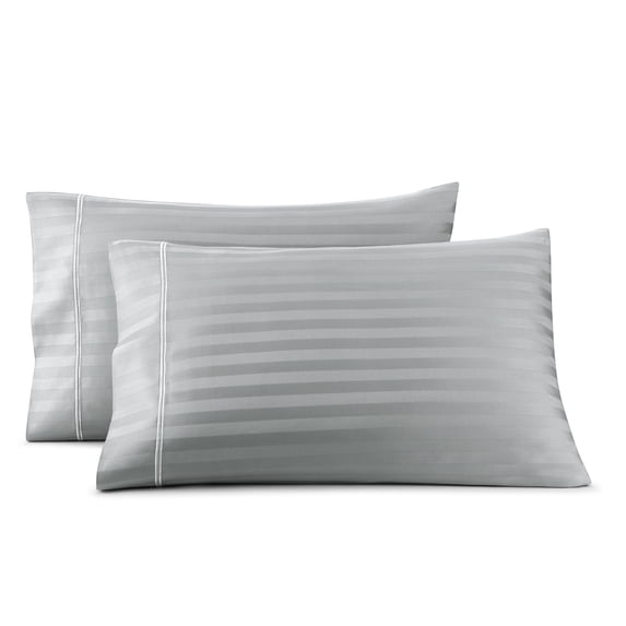 Wamsutta 1846 650 Thread Count Gray Flannel Stripe Egyptian Giza Cotton Sateen Pillow Cases, Queen (2 Count)