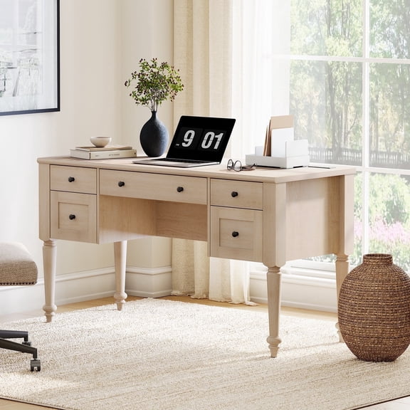 WAMAPT Farmhouse Executive Desk with 5 Drawers, Home Office Desk with Charging Station, Wooden Computer Desk with File Cabinet Storage, Open Shelf for Work and Study, Beige, 56 inch