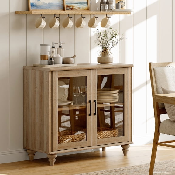 WAMAPT Sideboard Buffet Cabinets with Glass Door, Kitchen Storage Cabinets, Wood Coffee Bar Tables with Adjustable Shelf, Accent Sideboard Storage Cabinet Table Dining Room, Living Room, Oak