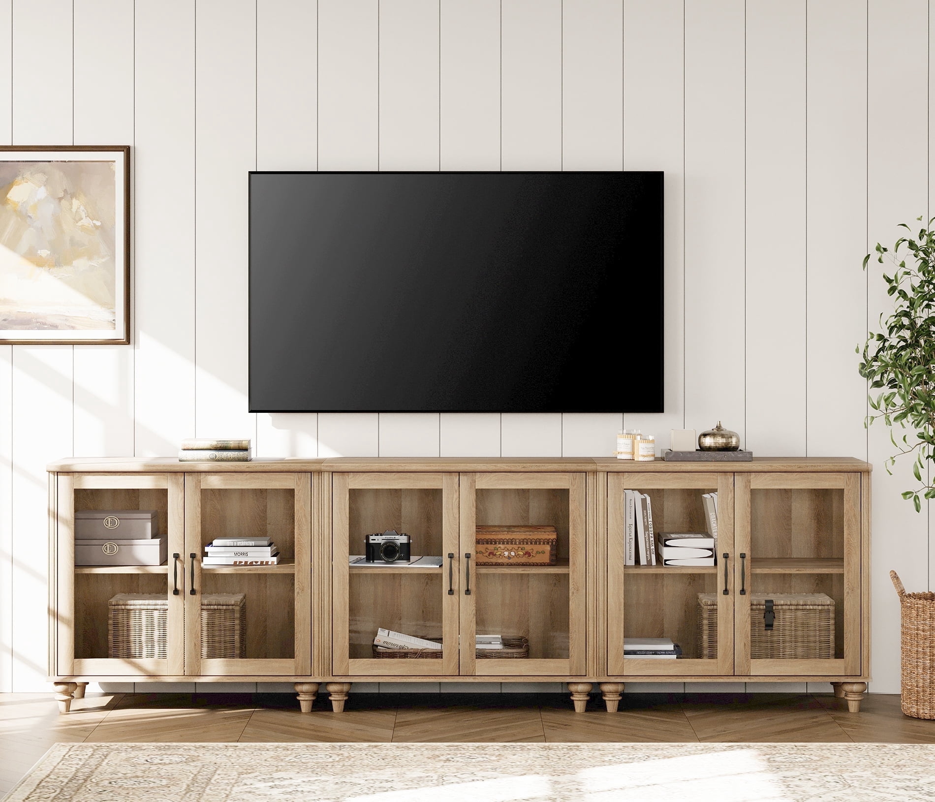 100" TV Stand with Glass Door, Wood TV Cabinet Entertainment Center for 75/80/85/90 Inch TV, 3-in-1 Kitchen Buffet Cabinet with Large Storage Cabinets for Dining Room & Living Room & Bedroom, Oak