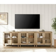 100" TV Stand with Glass Door, Wood TV Cabinet Entertainment Center for 75/80/85/90 Inch TV, 3-in-1 Kitchen Buffet Cabinet with Large Storage Cabinets for Dining Room & Living Room & Bedroom, Oak