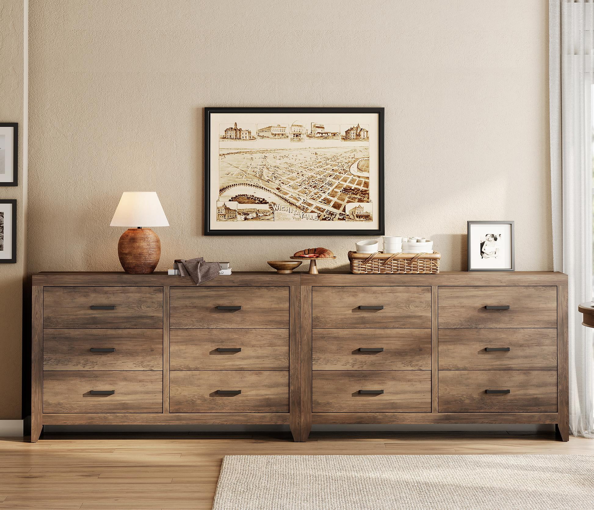 WAMPAT 106" Farmhouse Dresser with 12 Drawers, Extra Wide Wood Chest of Drawers Storage Cabinet for Bedroom, Living Room, Hallway