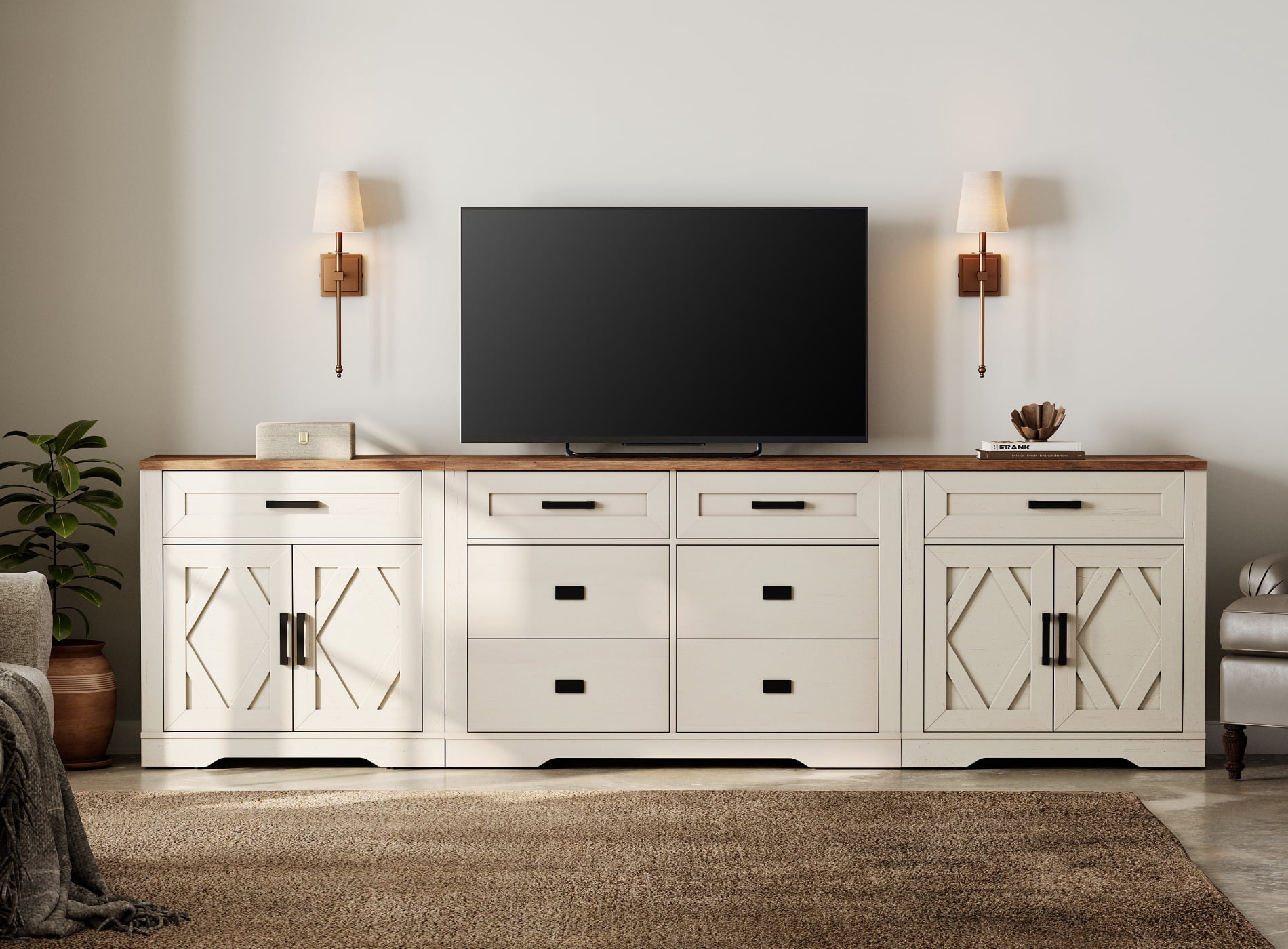 WAMPAT 110"W Large TV Stand,3-in-1 Farmhouse Entertainment Center with Storage Barn Door Cabinet,TV Console Table With Media Cabinet and Drawers for Living Room,Bedroom,Cream White