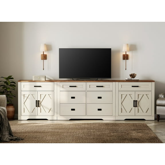 WAMPAT 110"W Large TV Stand,3-in-1 Farmhouse Entertainment Center with Storage Barn Door Cabinet,TV Console Table With Media Cabinet and Drawers for Living Room,Bedroom,Cream White
