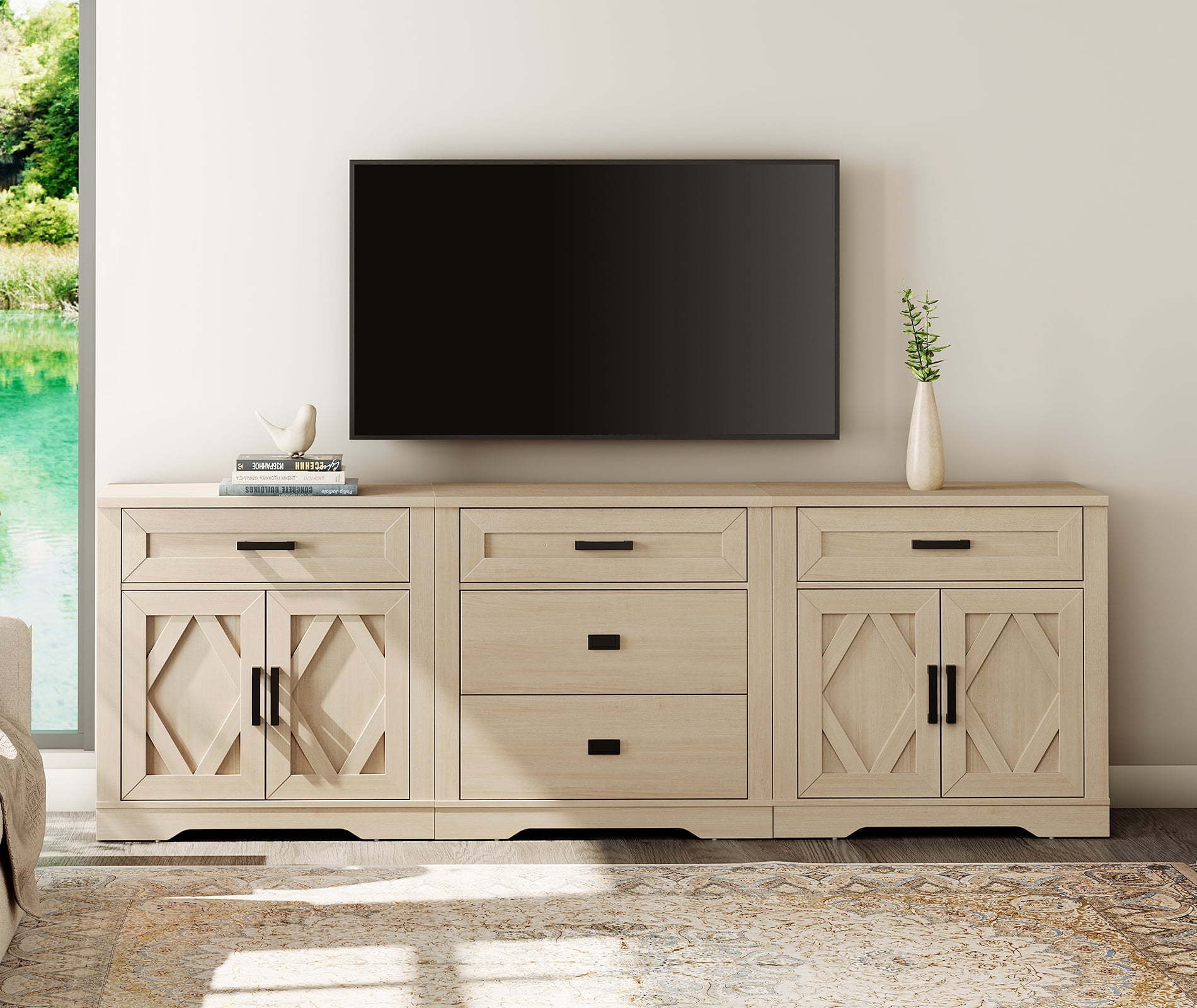 WAMPAT 94.5"W Large TV Stand,3-in-1 Farmhouse Entertainment Center with Storage Barn Door Cabinet,TV Console Table With Media Cabinet and Drawers for Living Room,Bedroom,Beige