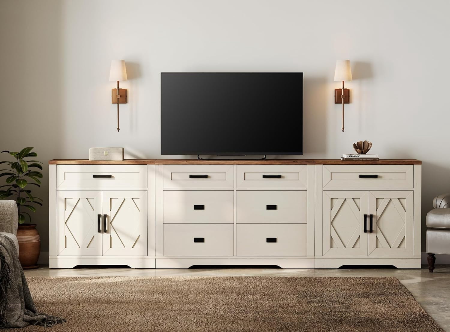 WAMPAT 110"W Large TV Stand,3-in-1 Farmhouse Entertainment Center with Storage Barn Door Cabinet,TV Console Table With Media Cabinet and Drawers for Living Room,Bedroom,Cream White