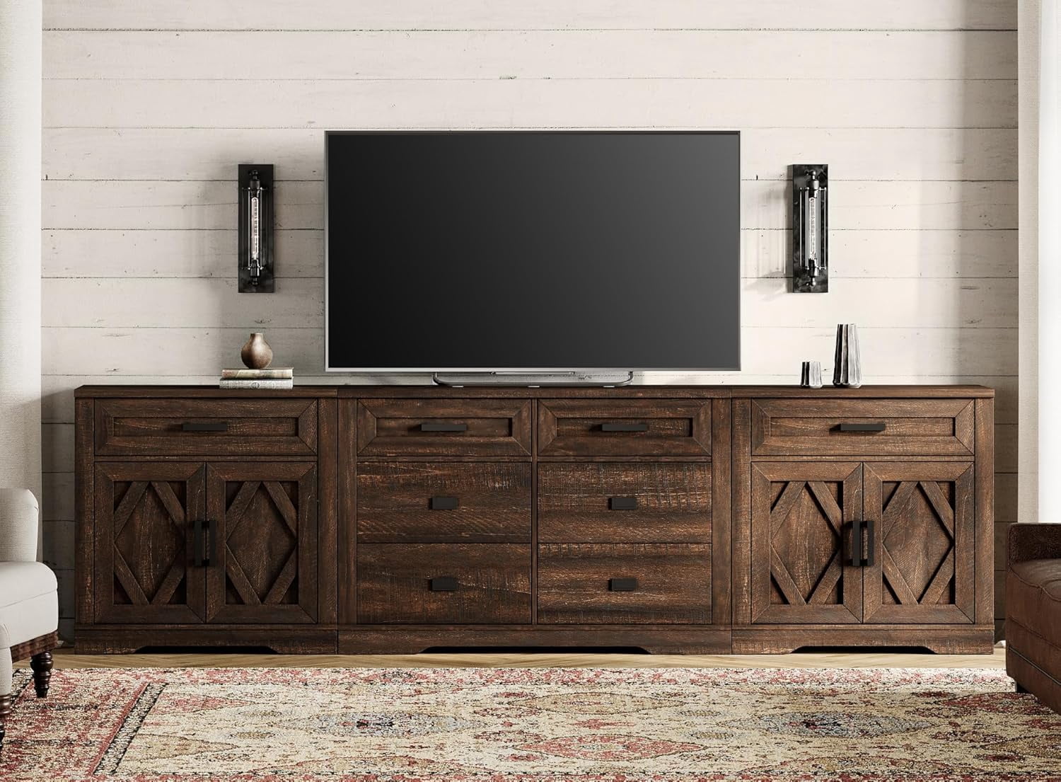 WAMPAT 110"W Large TV Stand,3-in-1 Farmhouse Entertainment Center with Storage Barn Door Cabinet,TV Console Table With Media Cabinet and Drawers for Living Room,Bedroom,Rustic Brown