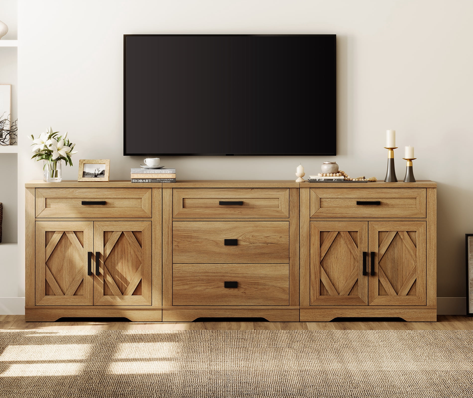WAMPAT 94.5"W Large TV Stand,3-in-1 Farmhouse Entertainment Center with Storage Barn Door Cabinet,TV Console Table With Media Cabinet and Drawers for Living Room,Bedroom,Walnut