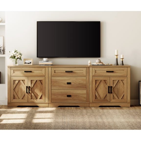 WAMPAT 94.5"W Large TV Stand,3-in-1 Farmhouse Entertainment Center with Storage Barn Door Cabinet,TV Console Table With Media Cabinet and Drawers for Living Room,Bedroom,Walnut