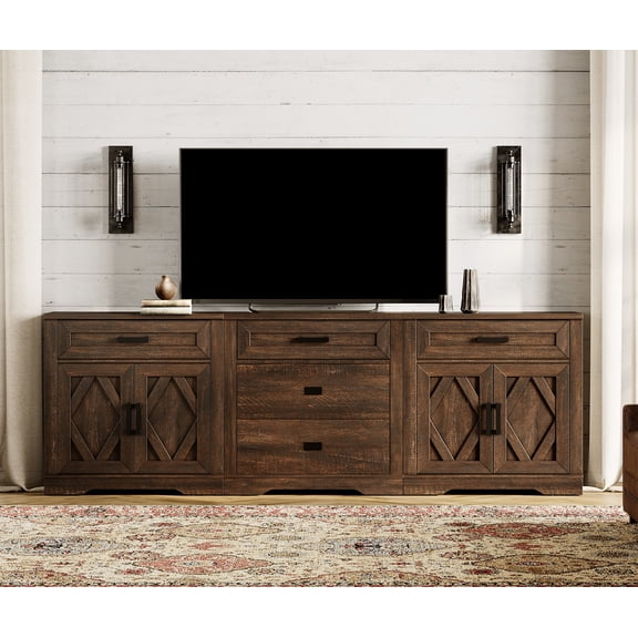 WAMPAT 94.5"W Large TV Stand,3-in-1 Farmhouse Entertainment Center with Storage Barn Door Cabinet,TV Console Table With Media Cabinet and Drawers for Living Room,Bedroom,Rustic Brown