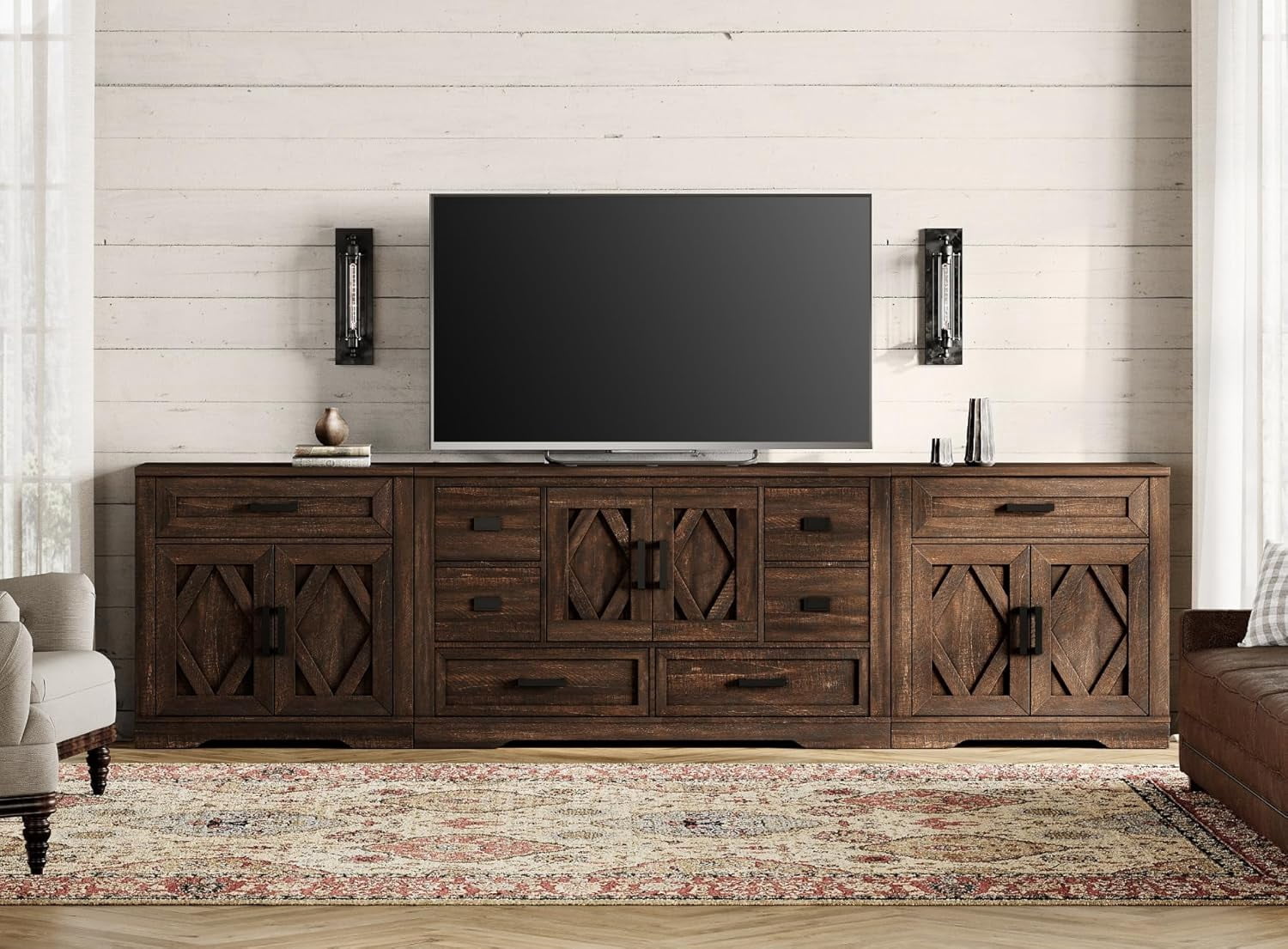 WAMPAT 117"W Large TV Stand,3-in-1 Farmhouse Entertainment Center with Storage Barn Door Cabinet,TV Console Table With Media Cabinet and Drawers for Living Room,Bedroom,Rustic Brown