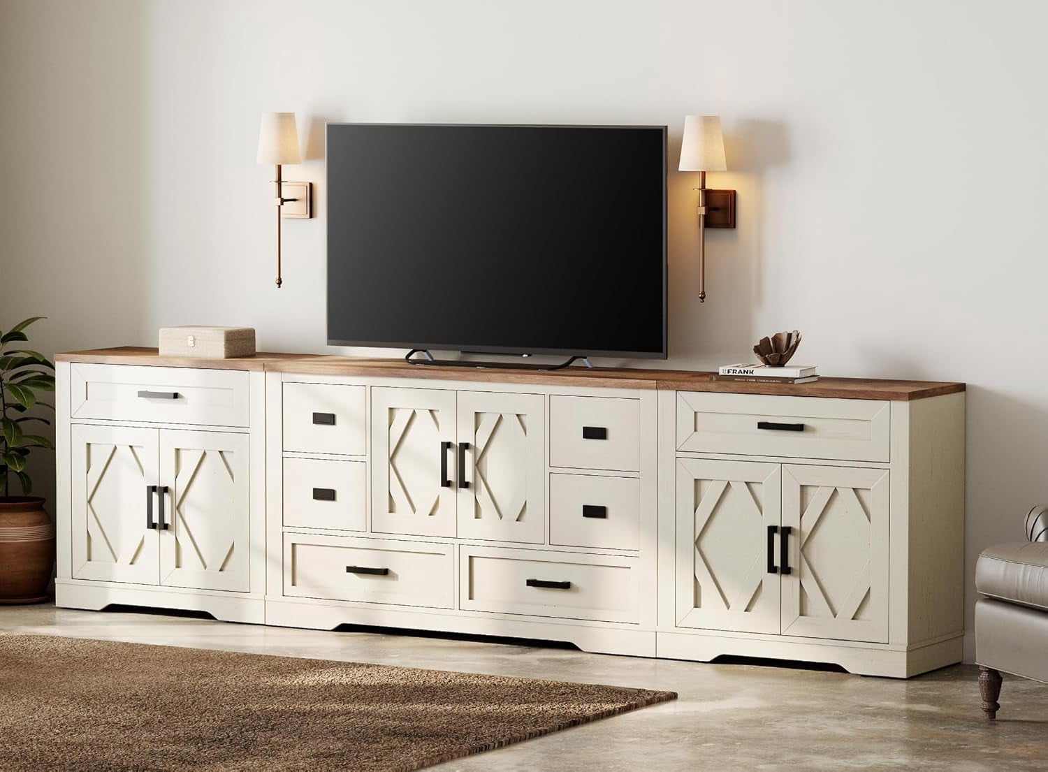 WAMPAT 117"W Large TV Stand,3-in-1 Farmhouse Entertainment Center with Storage Barn Door Cabinet,TV Console Table With Media Cabinet and Drawers for Living Room,Bedroom,Cream White