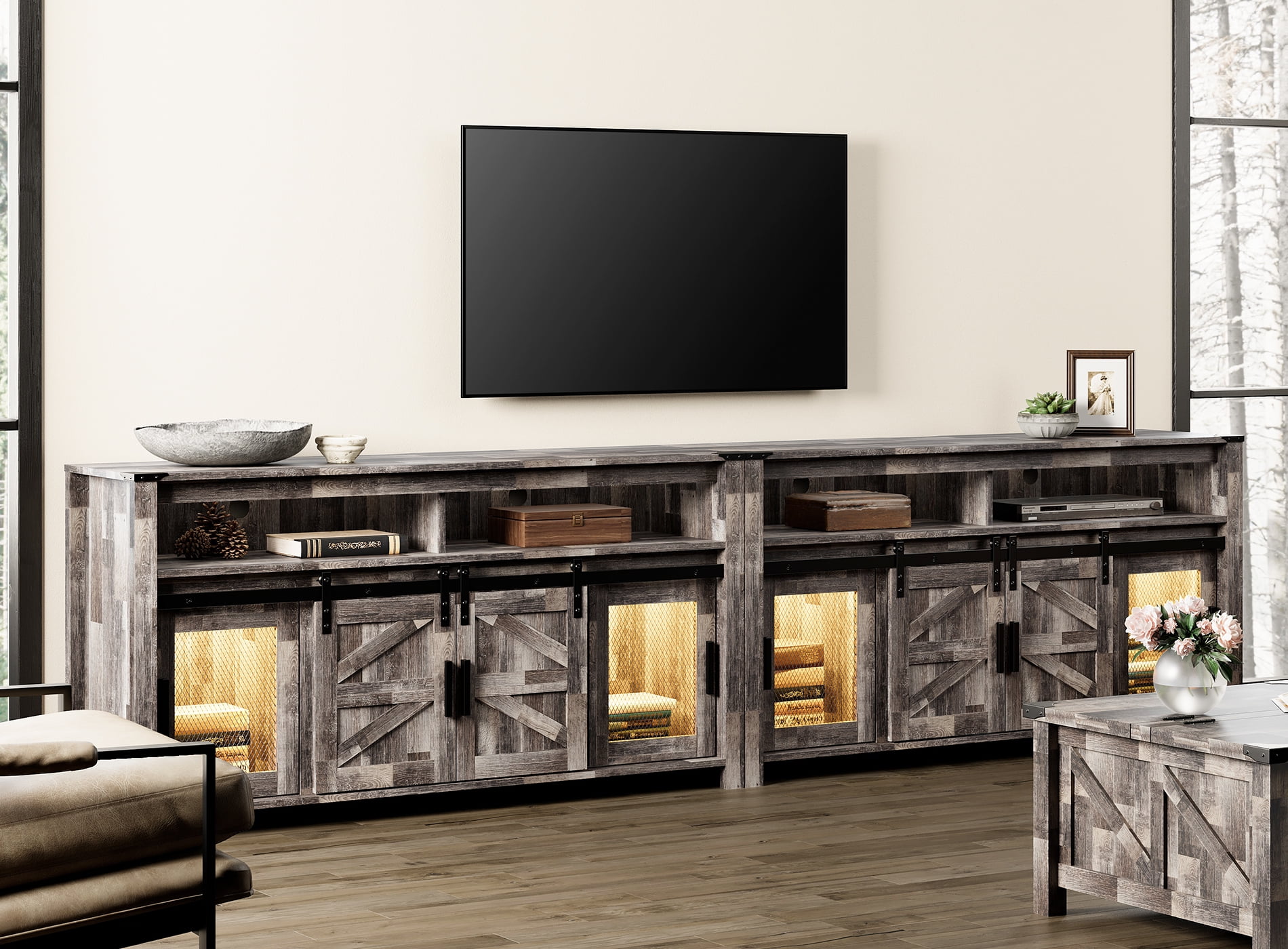 WAMPAT 118" TV Stands for 100+ Inch TV, 2in1 Farmhouse Entertainment