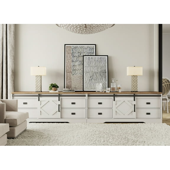 WAMPAT 118" Wide Modern Farmhouse 2 in 1 TV Stand for up to 130" TVs,Faux Bark Finish Wood Entertainment Center with 8 Drawers and Sliding Barn Doors for Living Room,Cream White