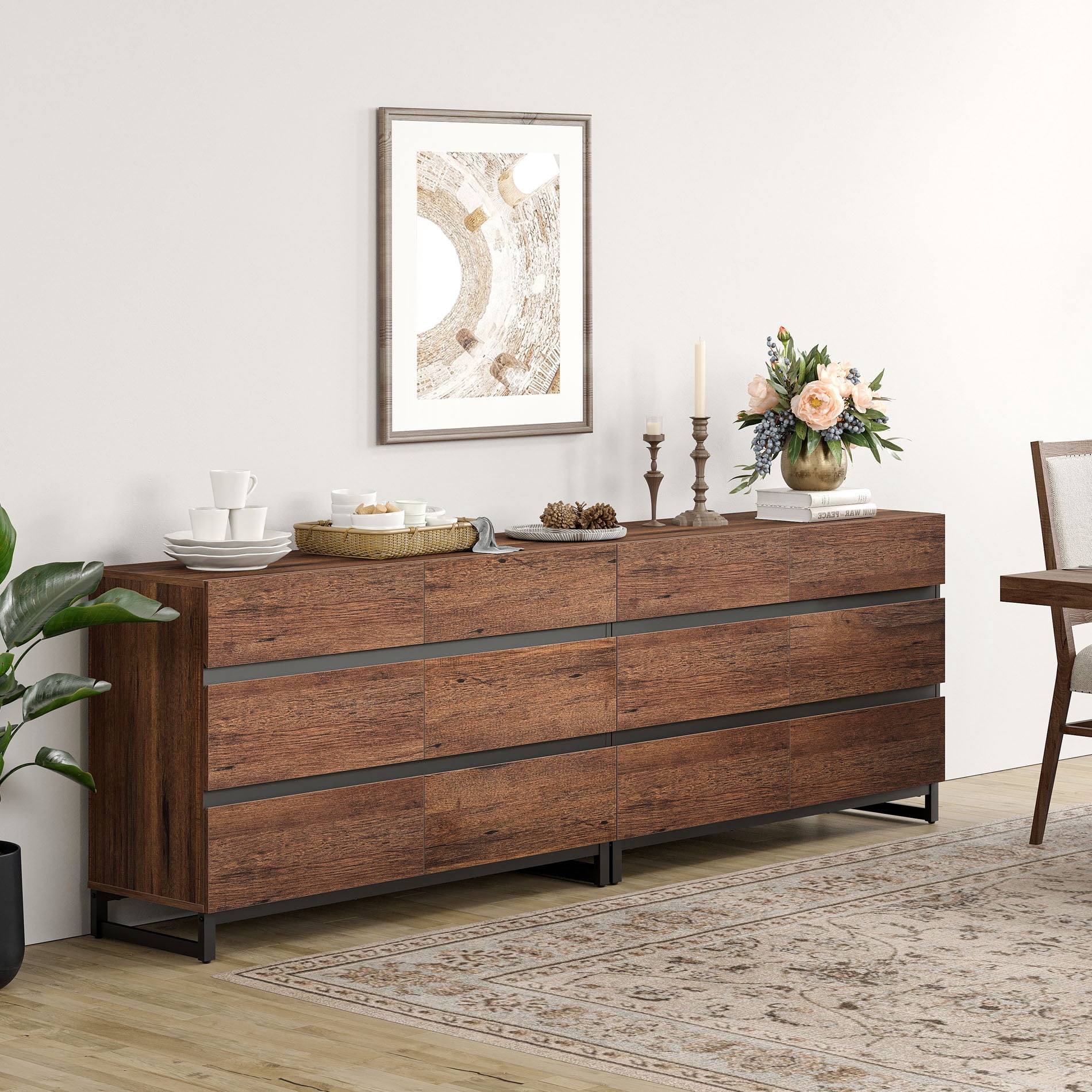 WAMPAT 12-Drawer Buffet Sideboard, Modern Large-Capacity Coffee Bar Cabinet with Smooth-Glide Drawers and Metal Base, Wooden Storage Organizer for Home, Brown