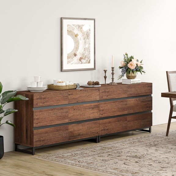 WAMPAT 12-Drawer Buffet Sideboard, Modern Large-Capacity Coffee Bar Cabinet with Smooth-Glide Drawers and Metal Base, Wooden Storage Organizer for Home, Brown