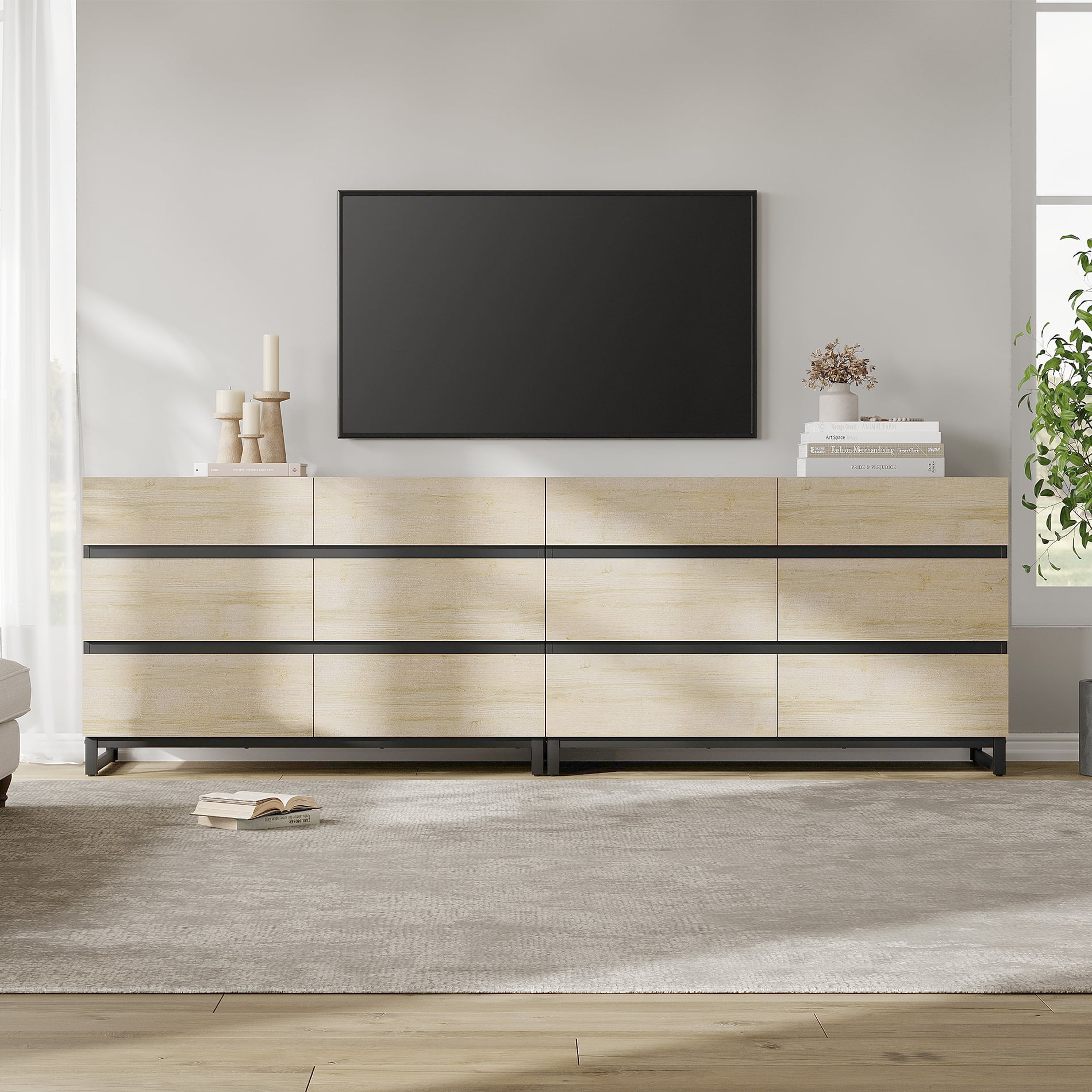 WAMPAT 12-Drawer TV Stand, Modern Large Media Console with Sturdy Metal Base, Wooden Entertainment Cabinet Fits 100 Inch TV for Living Room, Beige