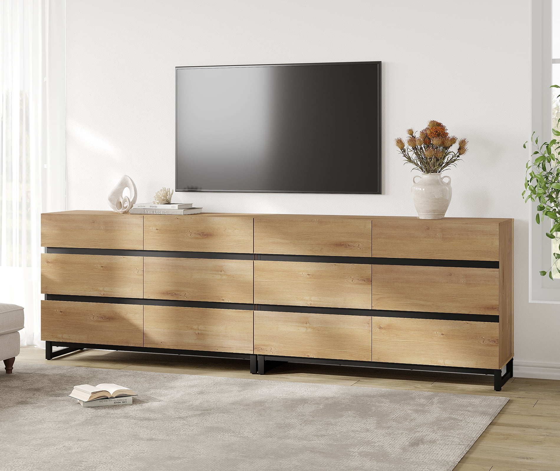 WAMPAT 12-Drawer TV Stand, Modern Large Media Console with Sturdy Metal Base, Wooden Entertainment Cabinet Fits 100 Inch TV for Living Room, Oak