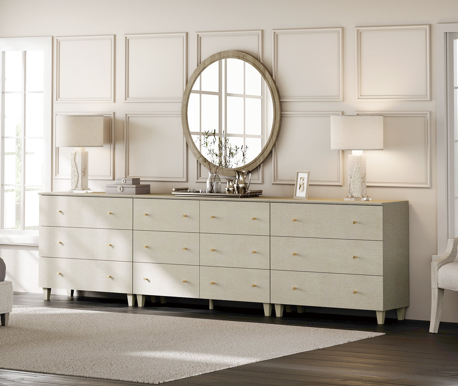 WAMPAT 12 Drawers Modern Wood Dresser for Bedroom, Modern Chest of Drawer, 118" Wide, Beige Linen Printed Finish