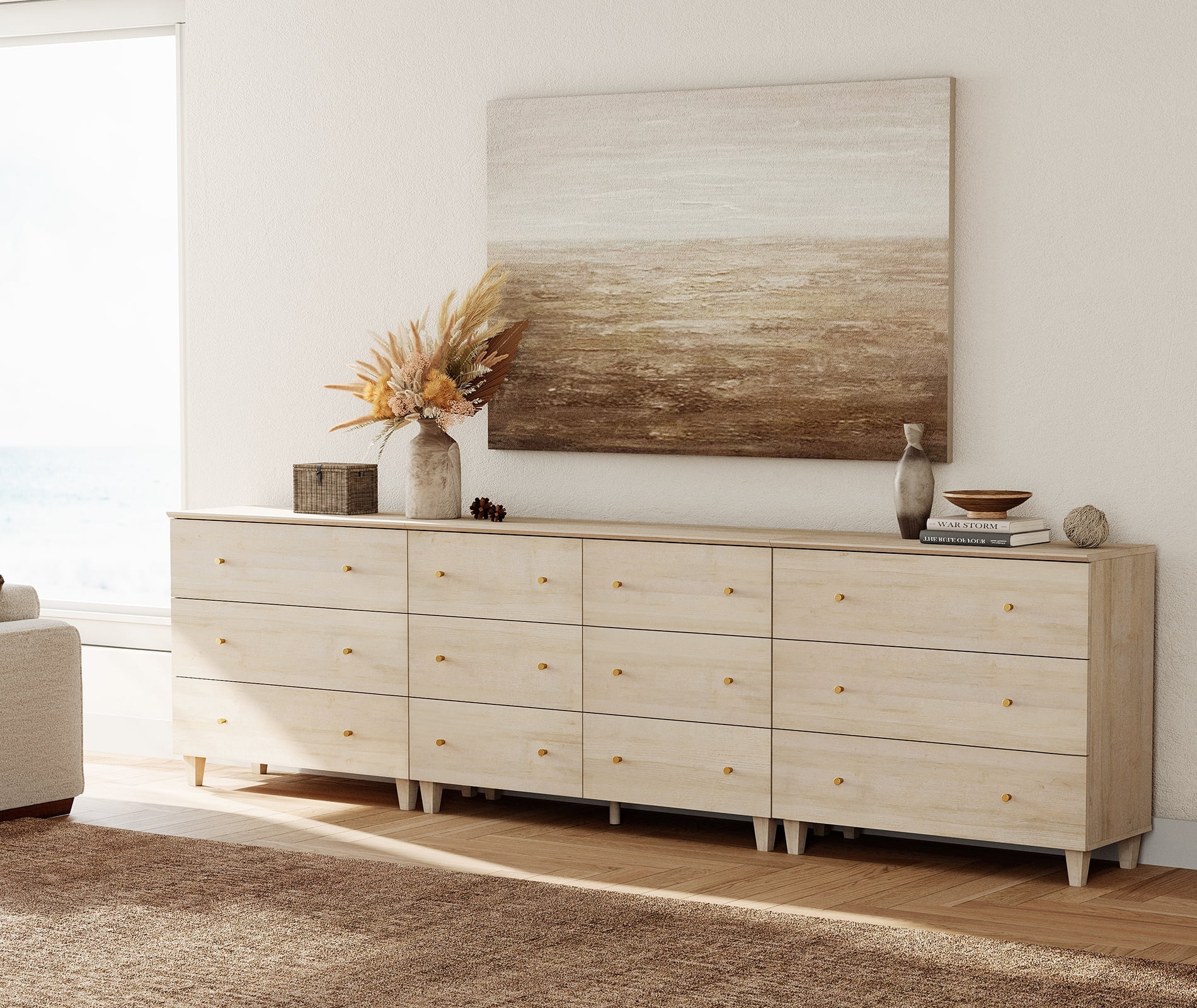 WAMPAT 12 Drawers Modern Wood Dresser for Bedroom, Modern Chest of Drawer, 118" Wide, Light Oak Wood Finish