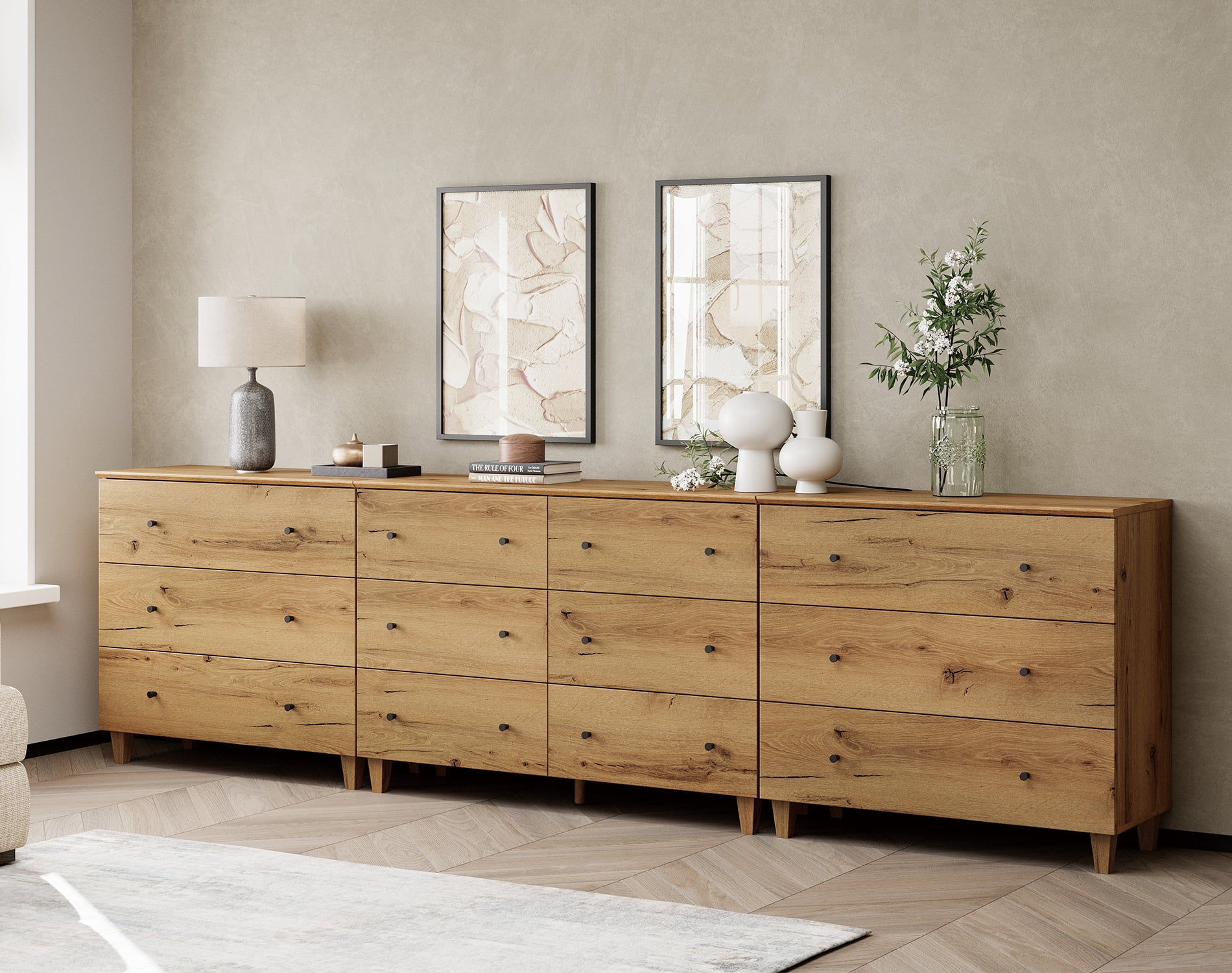WAMPAT 12 Drawers Modern Wood Dresser for Bedroom, Modern Chest of Drawer, 118" Wide, Oak Brown Wood Finish