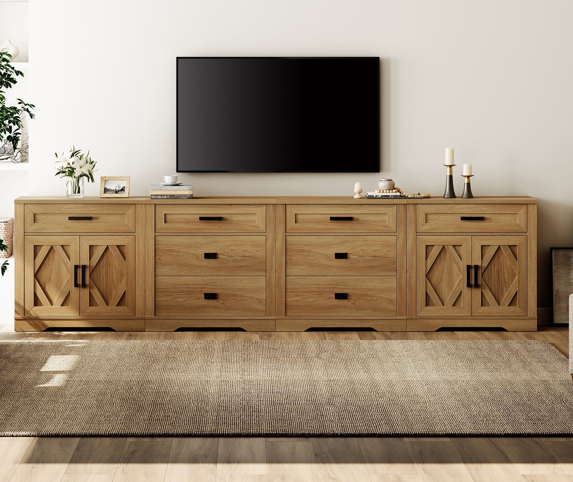 WAMPAT 126"W Large TV Stand,4-in-1 Farmhouse Entertainment Center with Storage Barn Door Cabinet,TV Console Table With Media Cabinet and Drawers for Living Room,Bedroom,Walnut