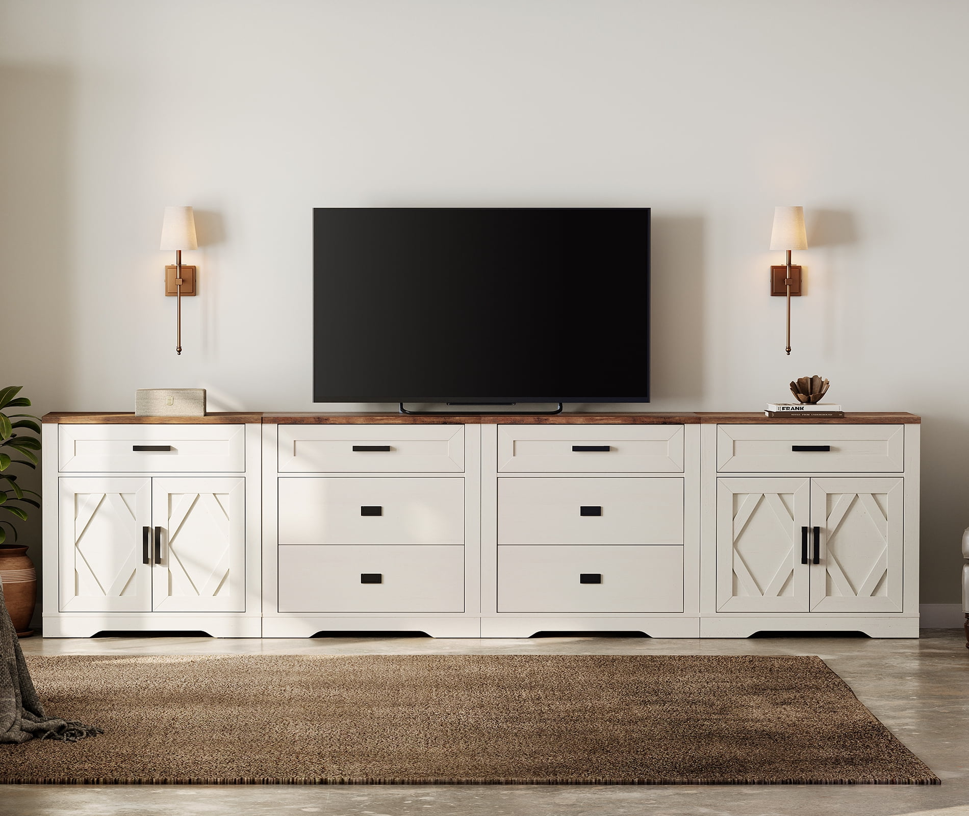 WAMPAT 126"W Large TV Stand,4-in-1 Farmhouse Entertainment Center with Storage Barn Door Cabinet,TV Console Table With Media Cabinet and Drawers for Living Room,Bedroom,Cream White