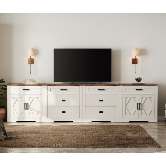 WAMPAT 126"W Large TV Stand,4-in-1 Farmhouse Entertainment Center with Storage Barn Door Cabinet,TV Console Table With Media Cabinet and Drawers for Living Room,Bedroom,Cream White